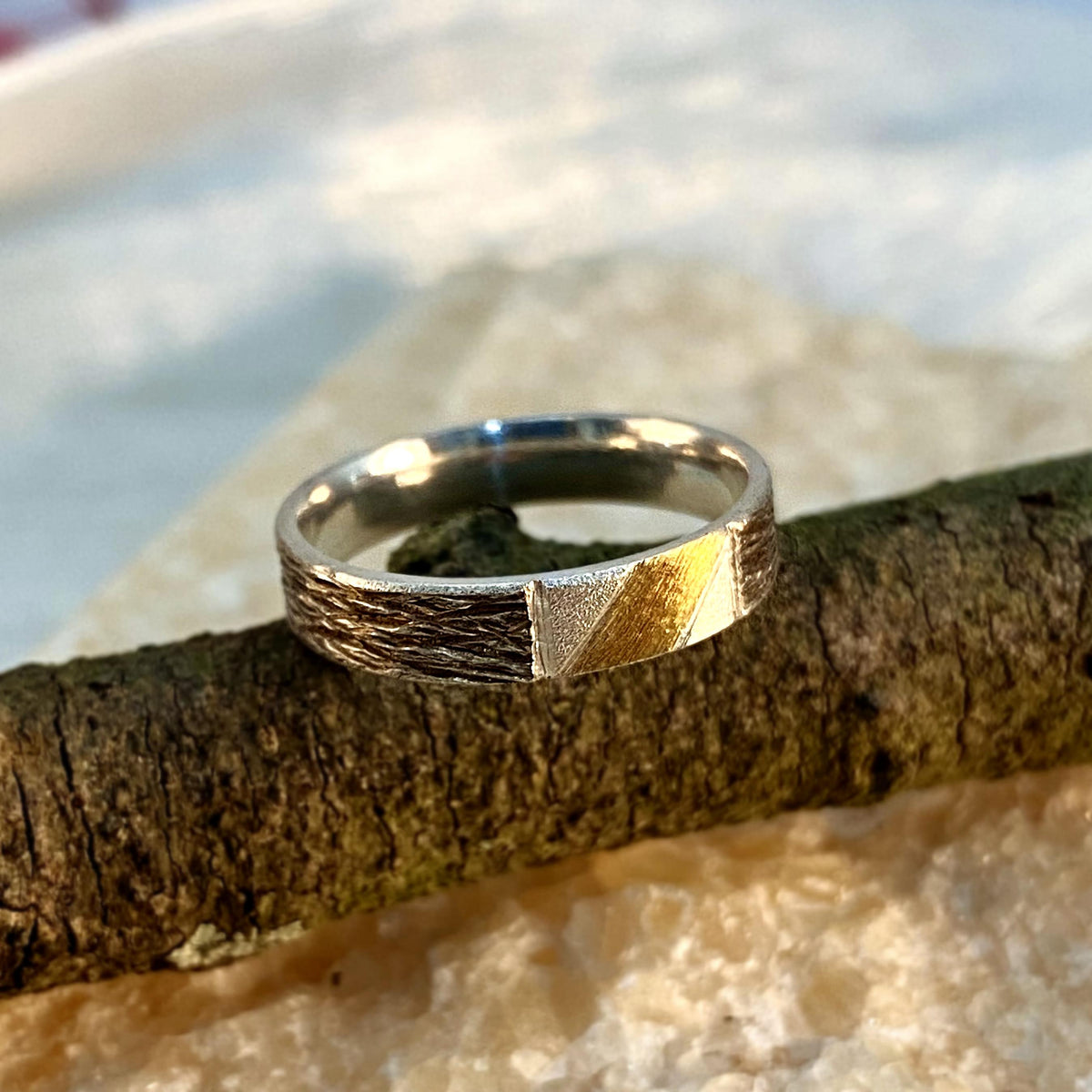 Fine Silver Geometric Bark Ring