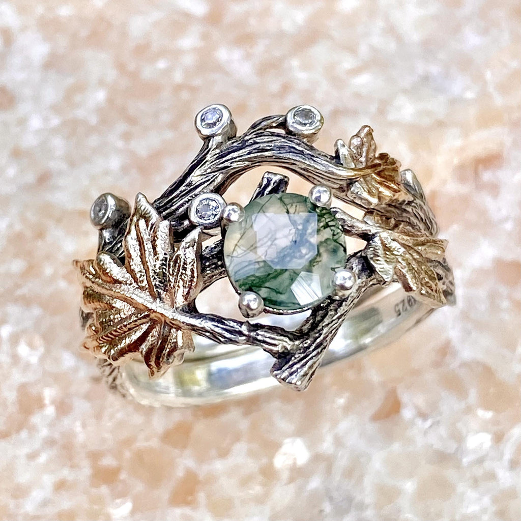 Moss Agate Sterling Silver Twig Ring Set