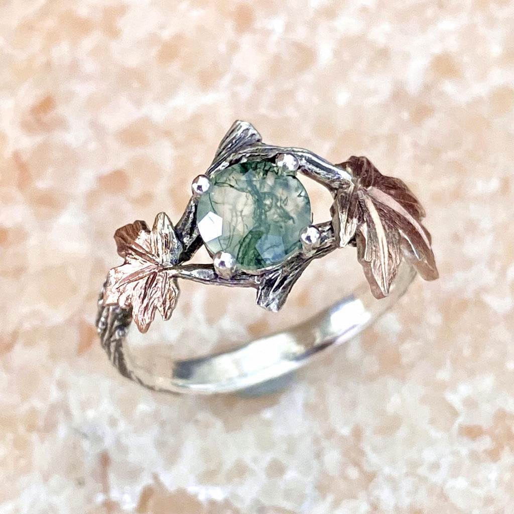 Moss Agate Sterling Silver Maple Leaf Ring
