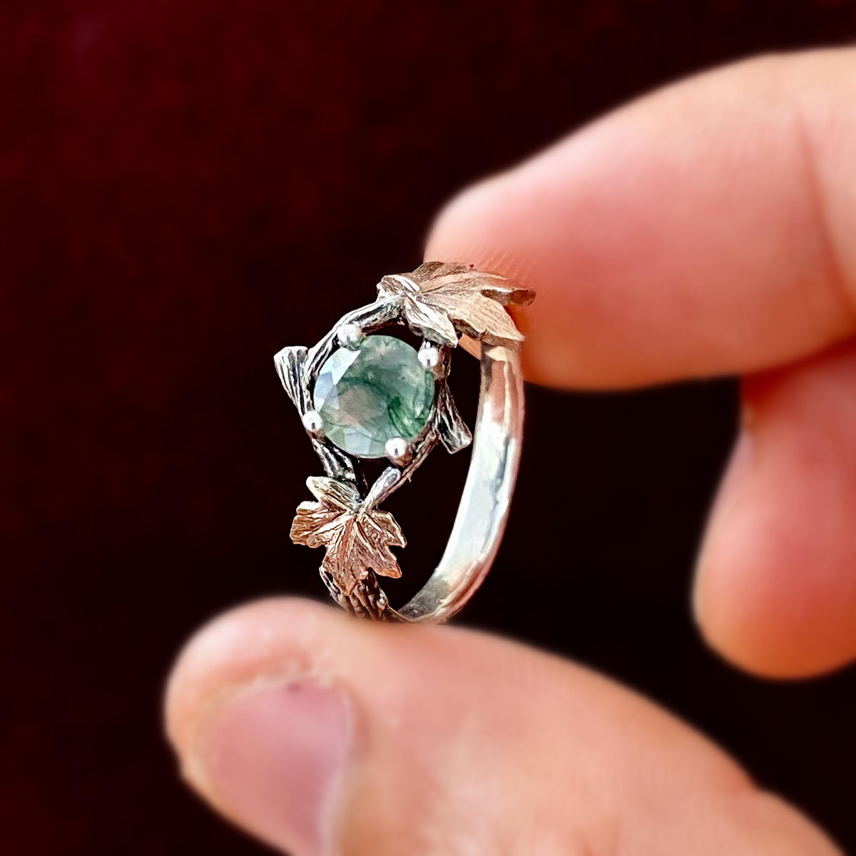 Moss Agate Sterling Silver Maple Leaf Ring