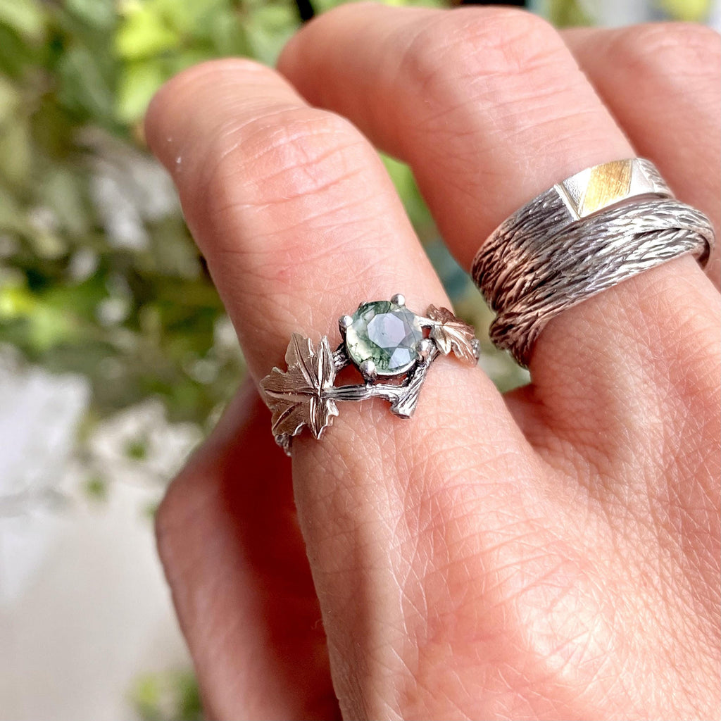 Moss Agate Sterling Silver Maple Leaf Ring