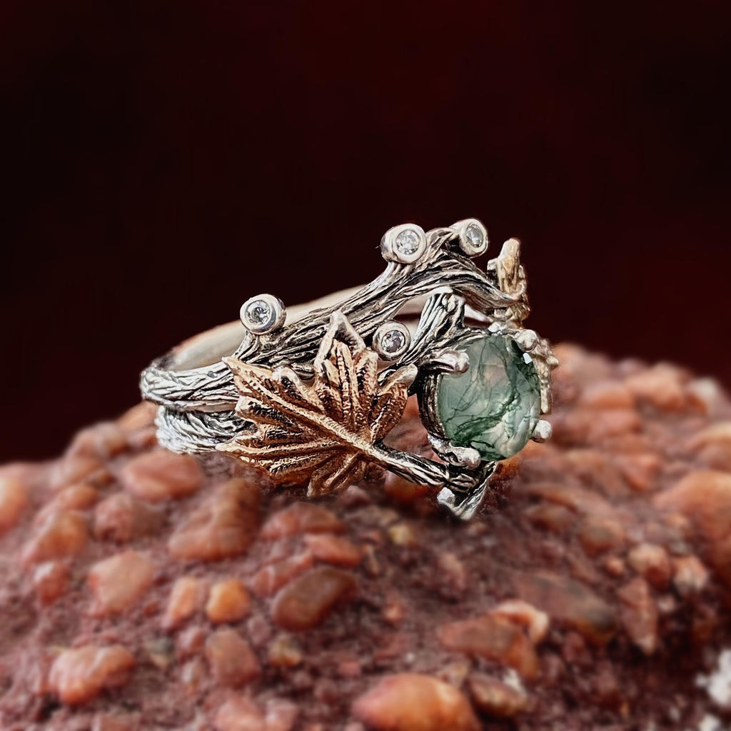 Moss Agate Sterling Silver Twig Ring Set