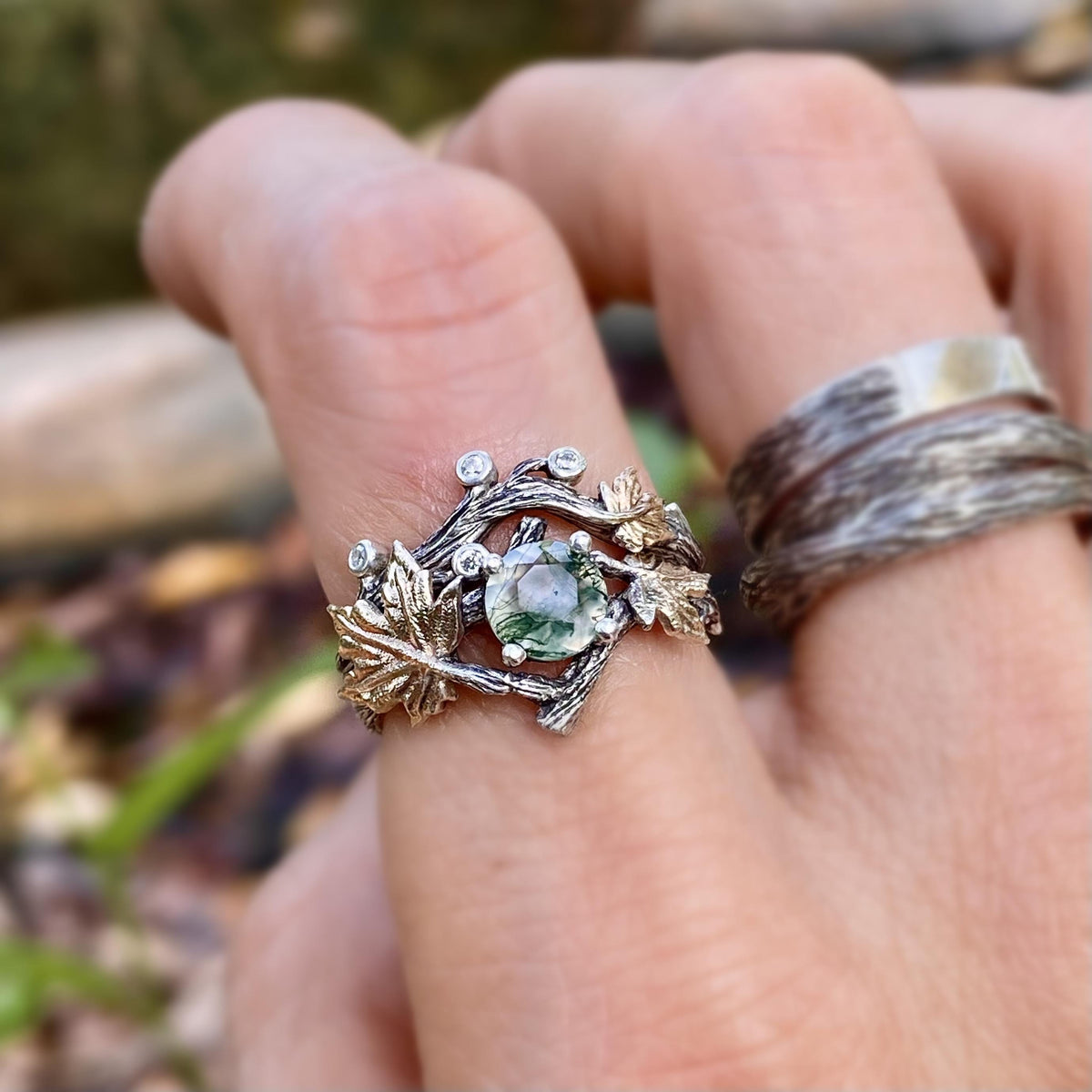 Moss Agate Sterling Silver Twig Ring Set
