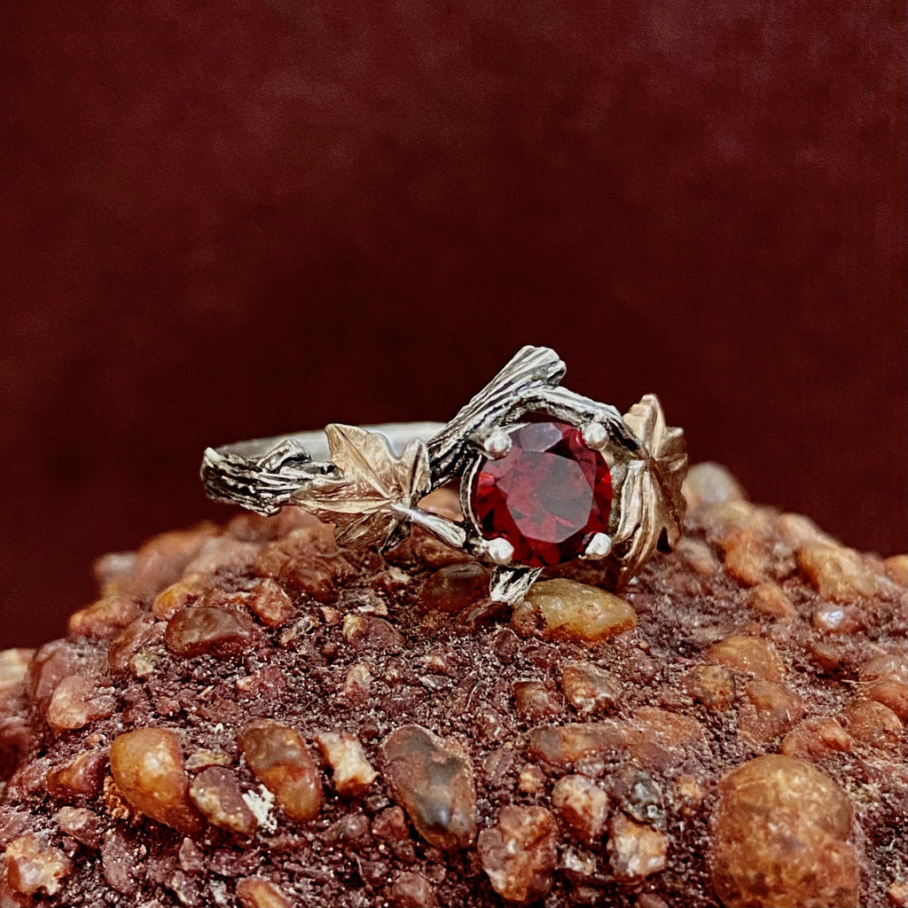 Garnet Sterling Silver Maple Leaf Ring