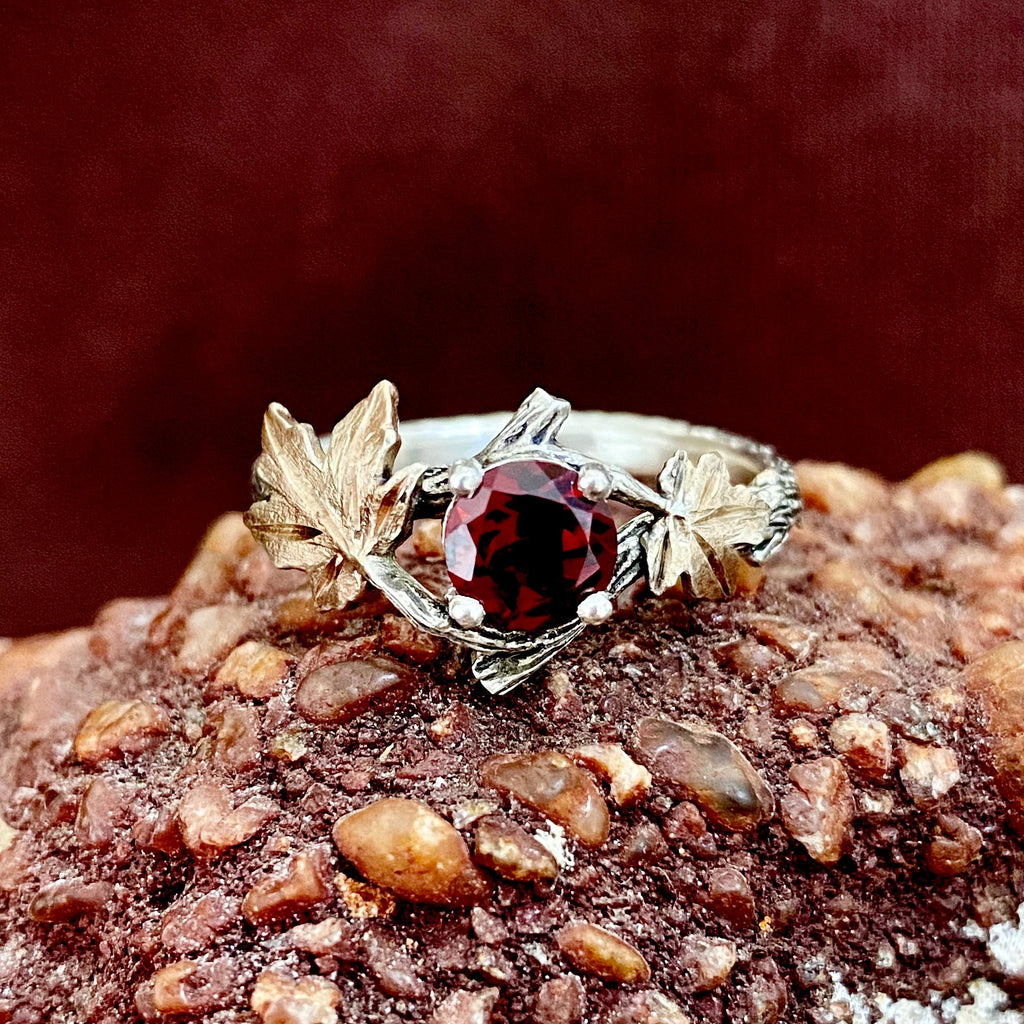 Garnet Sterling Silver Maple Leaf Ring