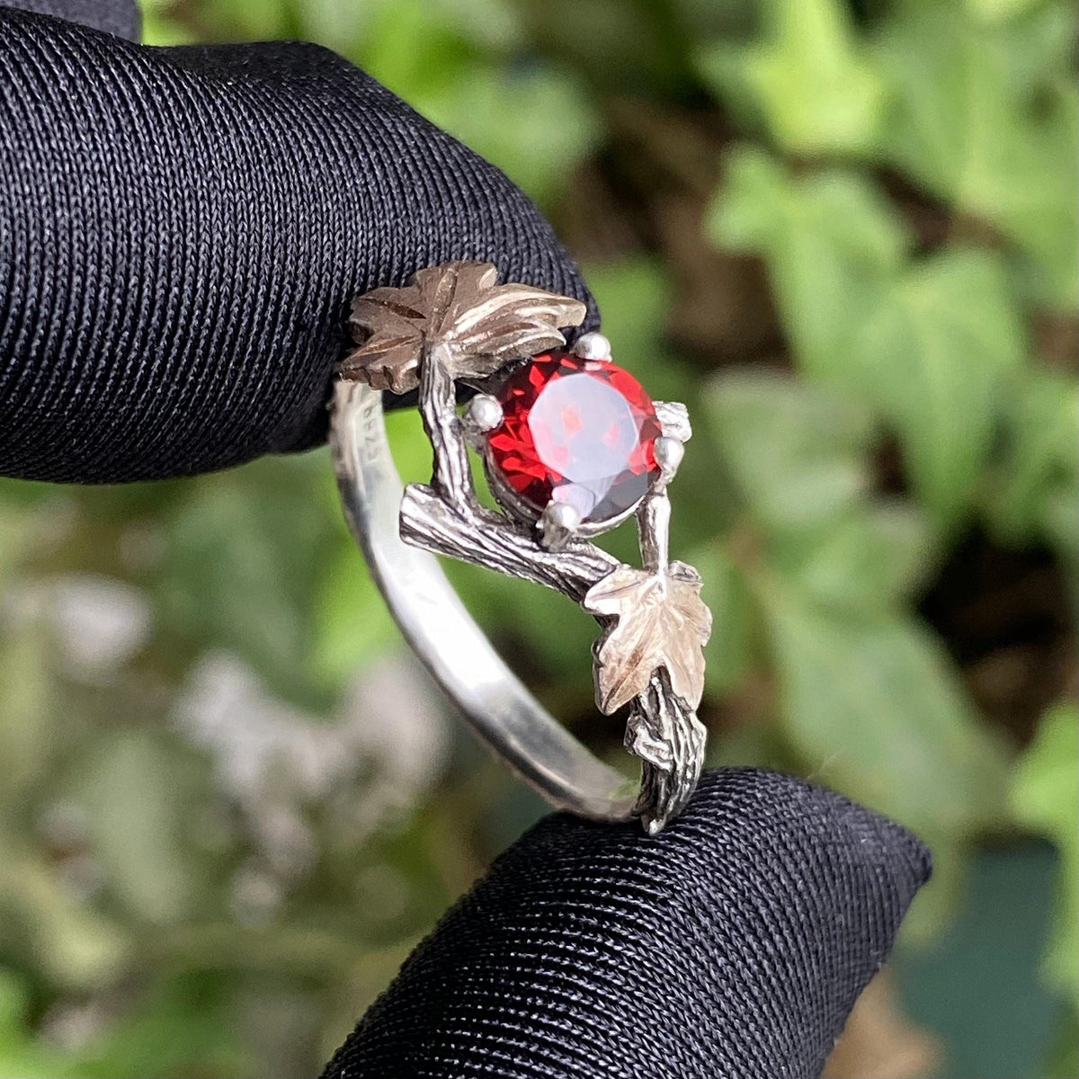 Garnet Sterling Silver Maple Leaf Ring