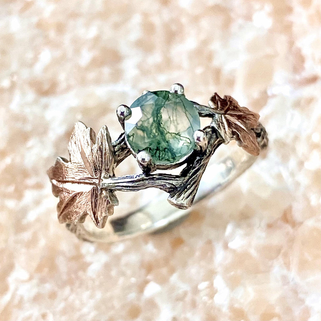 Moss Agate Sterling Silver Maple Leaf Ring
