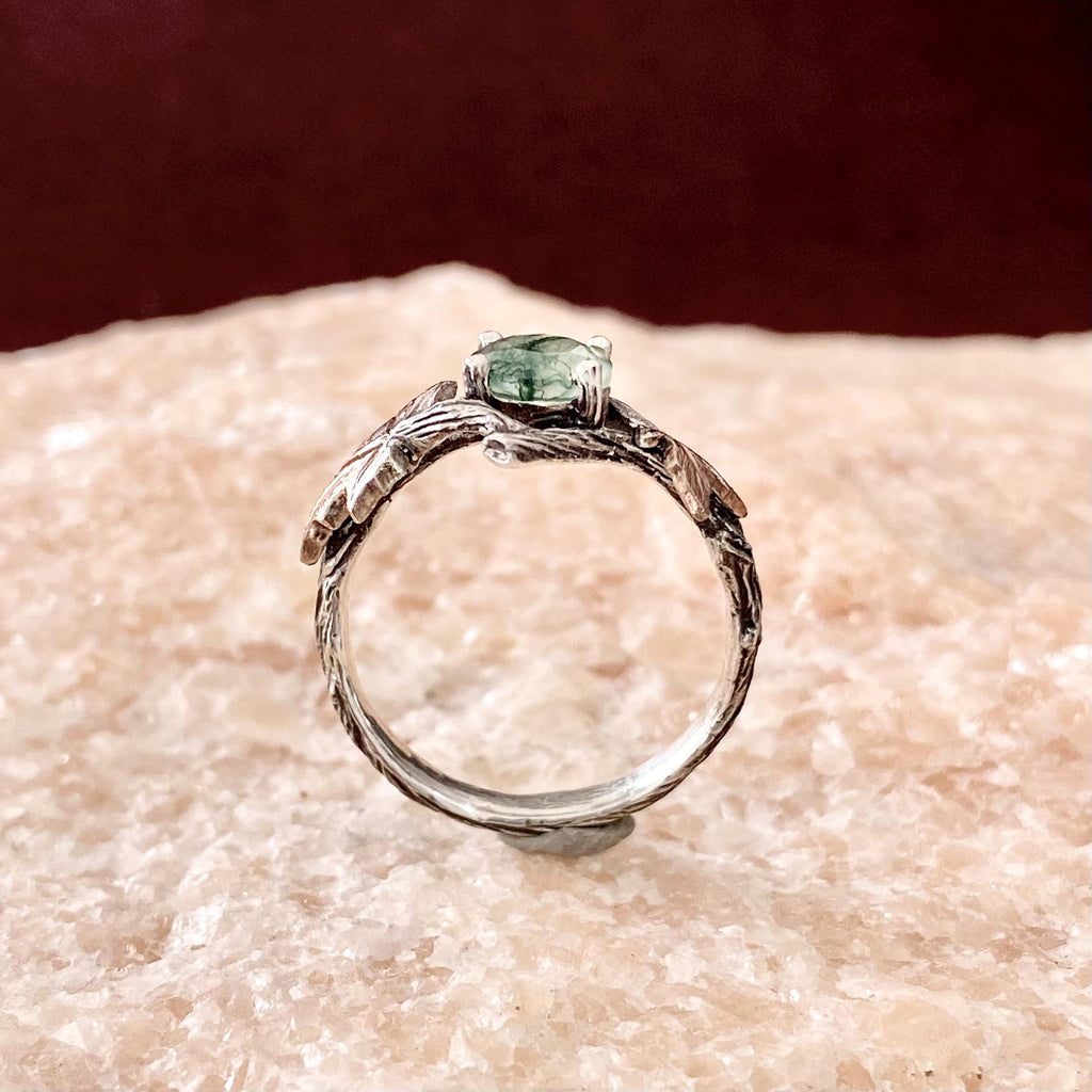 Moss Agate Sterling Silver Maple Leaf Ring