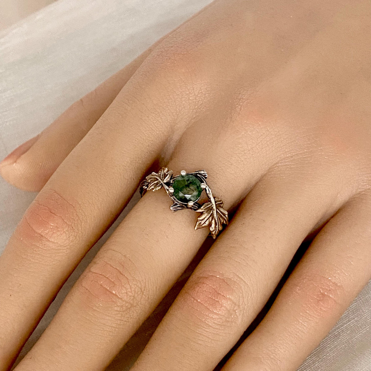 Moss Agate Sterling Silver Maple Leaf Ring