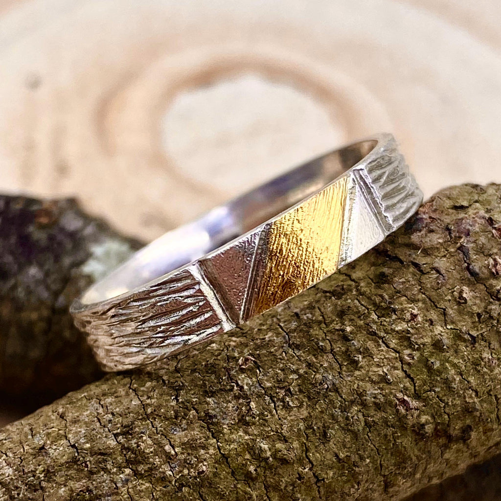 Fine Silver Geometric Bark Ring