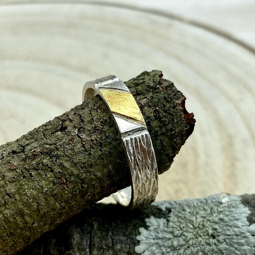 Fine Silver Geometric Bark Ring