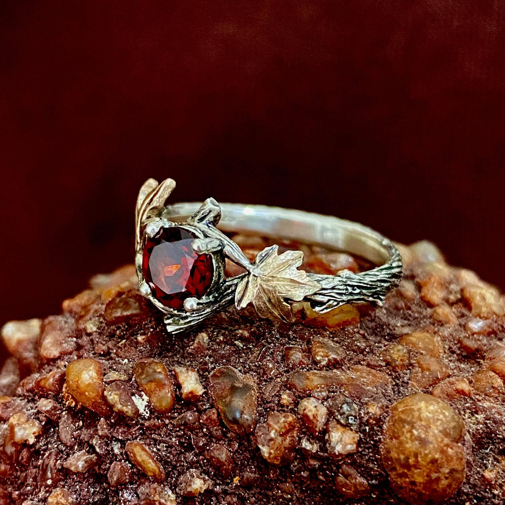 Garnet Sterling Silver Maple Leaf Ring
