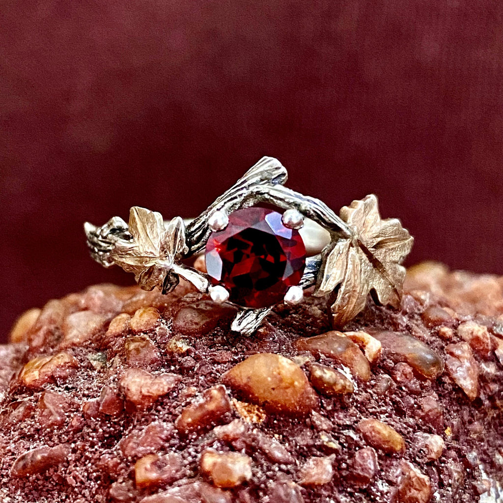 Garnet Sterling Silver Maple Leaf Ring
