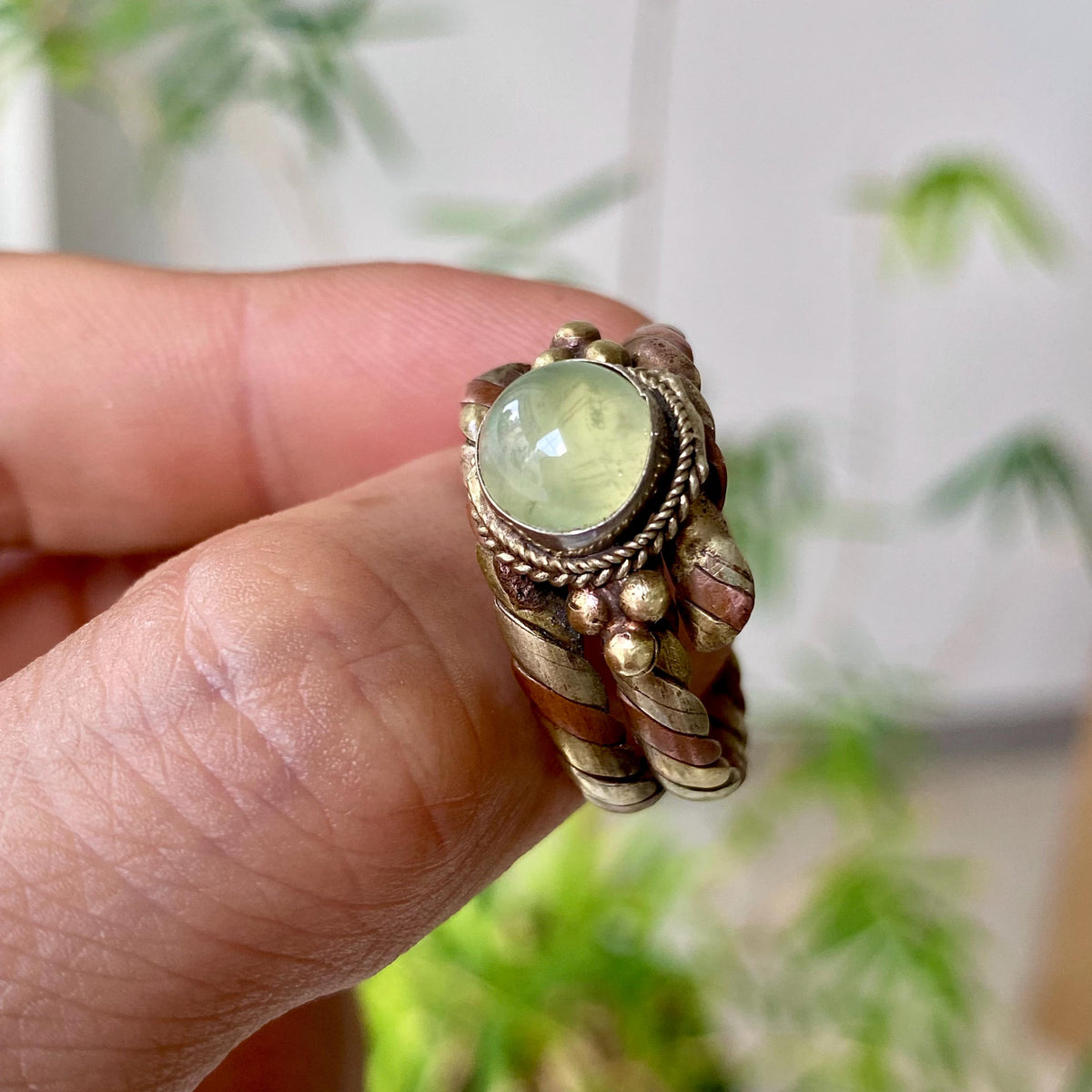 Prehnite Braided Bronze Ring