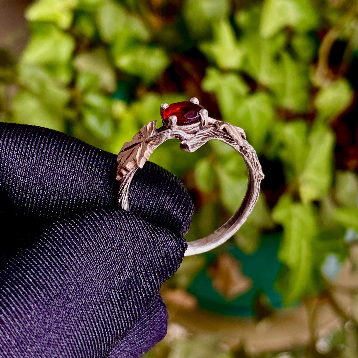 Garnet Sterling Silver Maple Leaf Ring