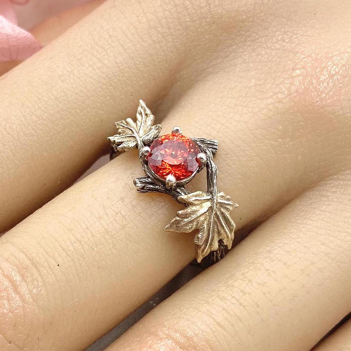 Padparadscha Sterling Silver Twig Ring