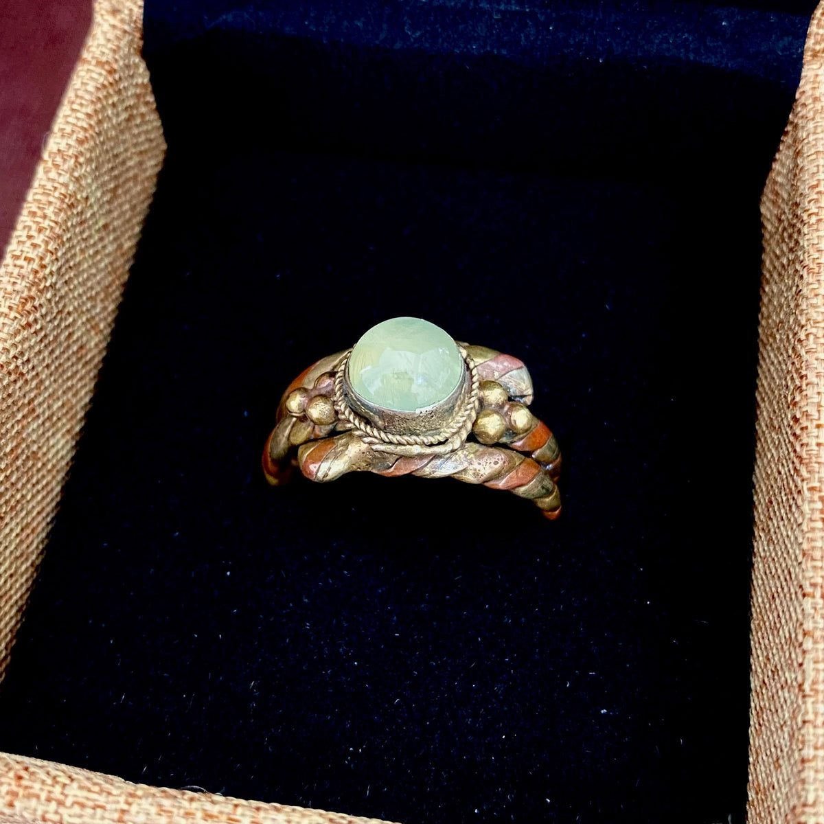 Prehnite Braided Bronze Ring