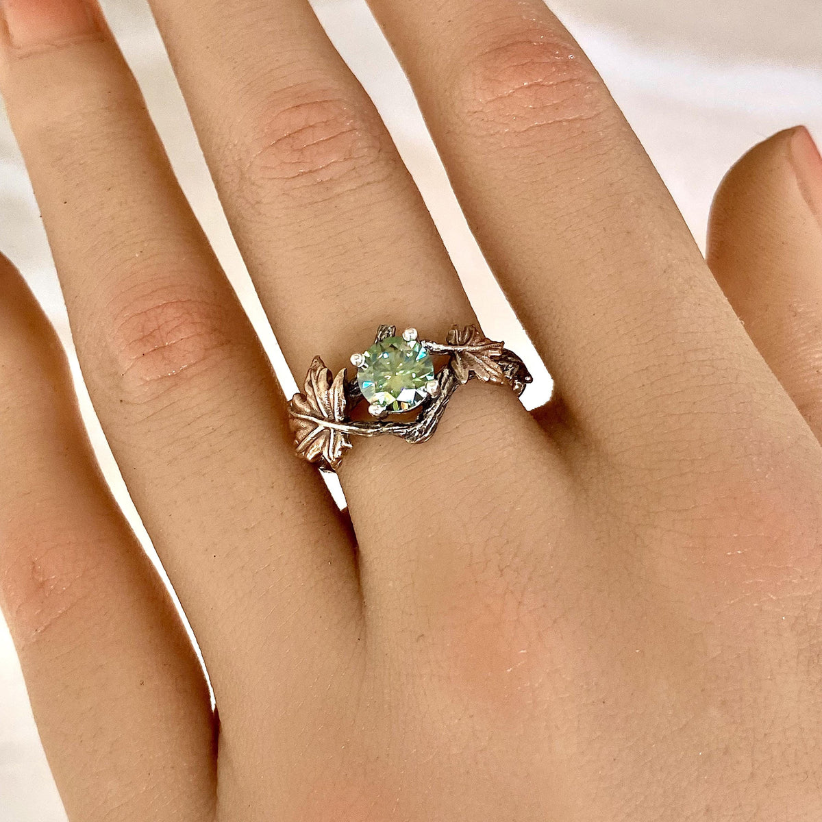 Green Moissanite Sterling Silver Maple Leaf Ring