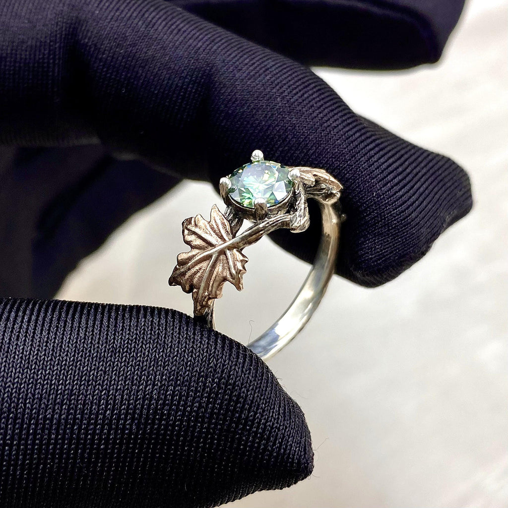 Green Moissanite Sterling Silver Maple Leaf Ring