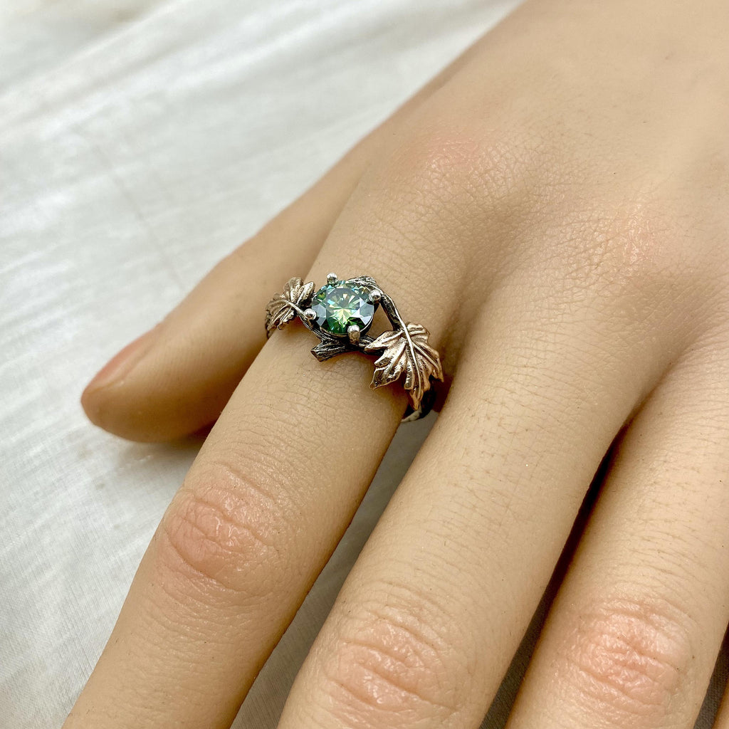 Green Moissanite Sterling Silver Maple Leaf Ring