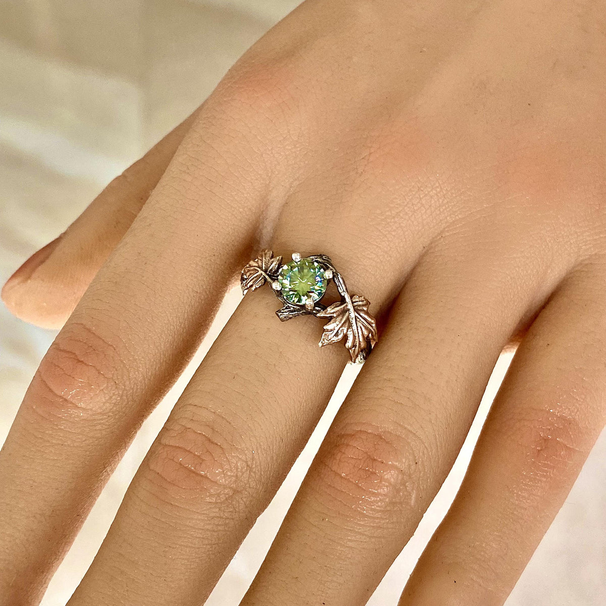 Green Moissanite Sterling Silver Maple Leaf Ring