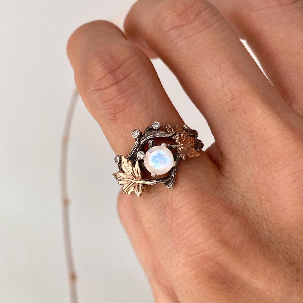 Moonstone Sterling Silver Maple Leaf Ring