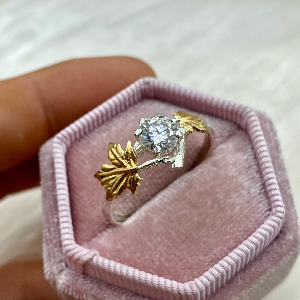 Moissanite Sterling Silver Maple Leaf Band