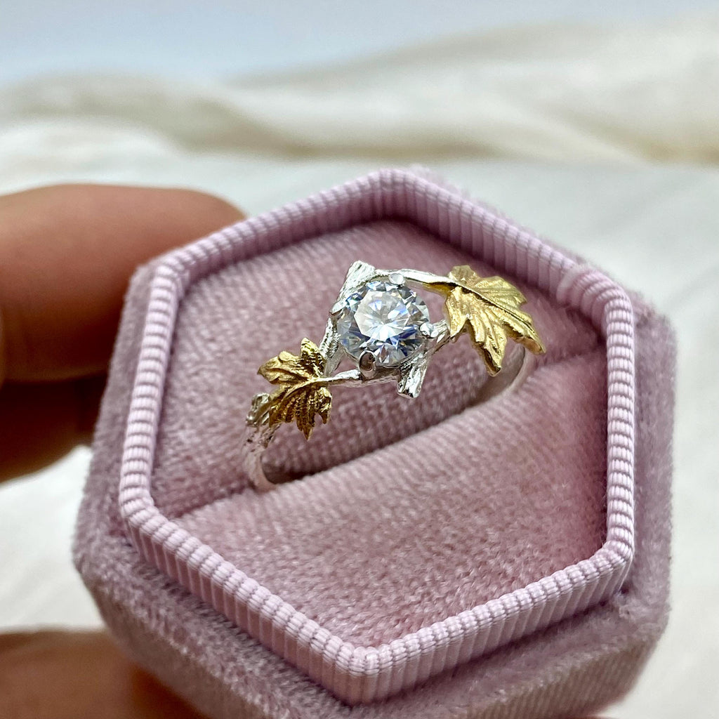 Moissanite Sterling Silver Maple Leaf Band