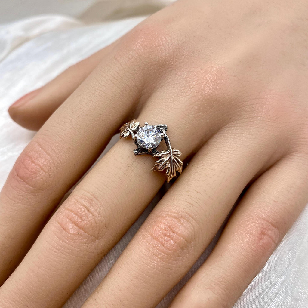 Moissanite Sterling Silver Maple Leaf Ring