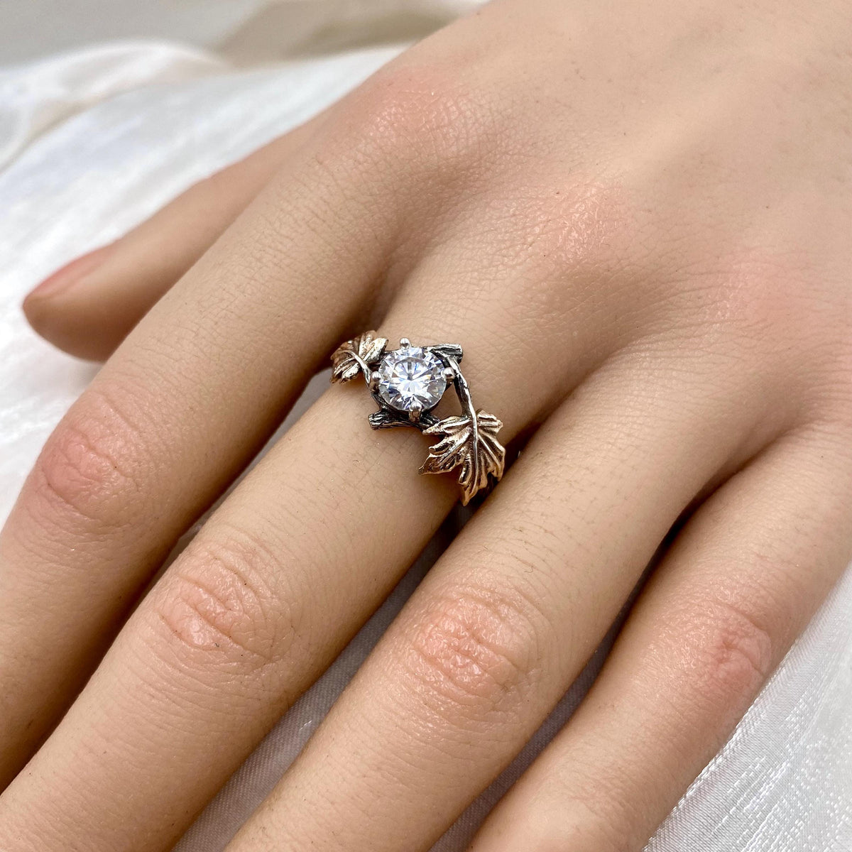 Moissanite Sterling Silver Maple Leaf Ring