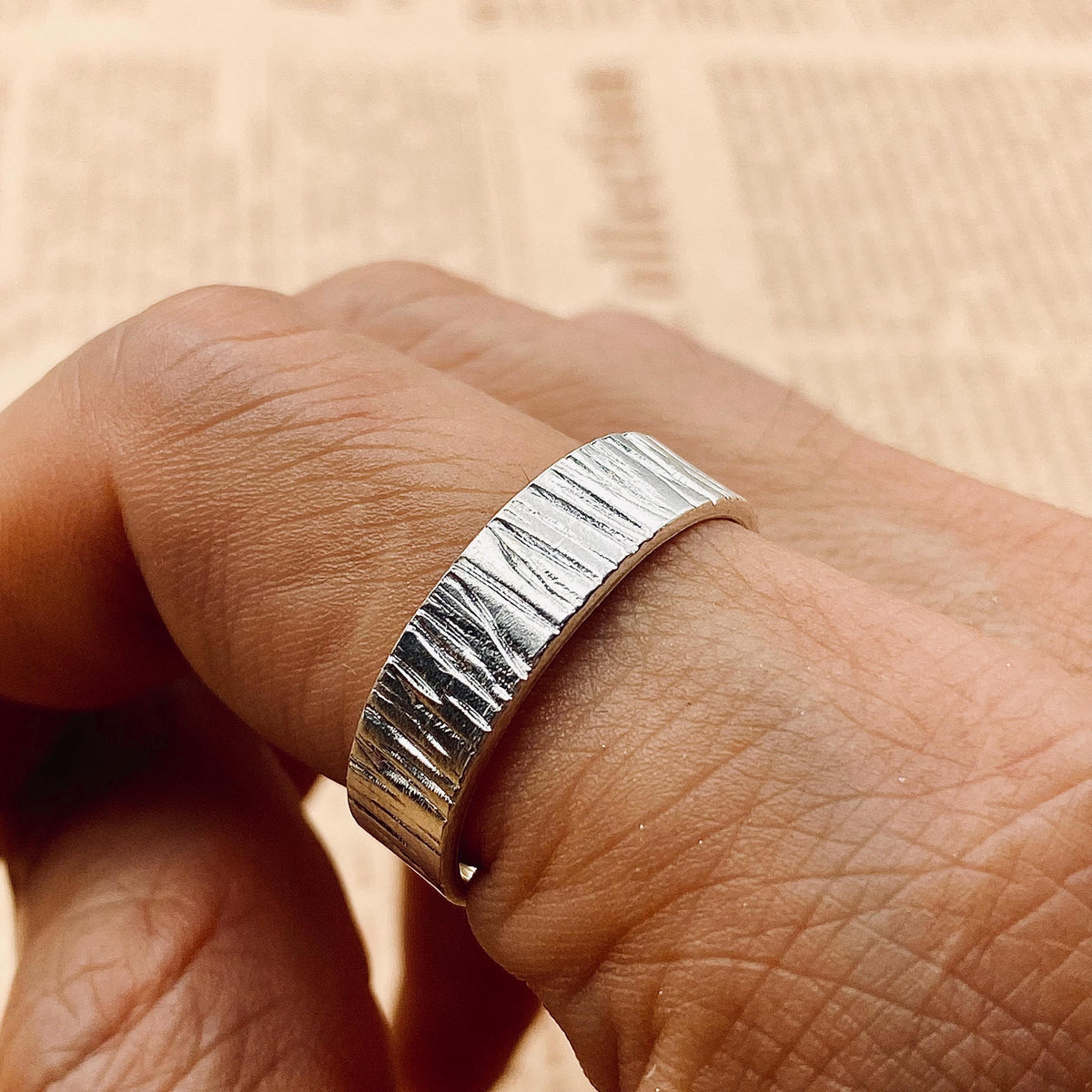 Fine Silver Tree Bark Ring Set