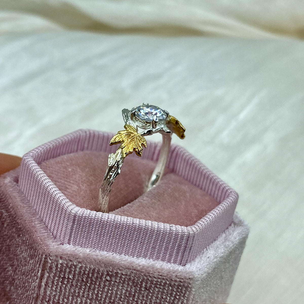 Moissanite Sterling Silver Maple Leaf Band