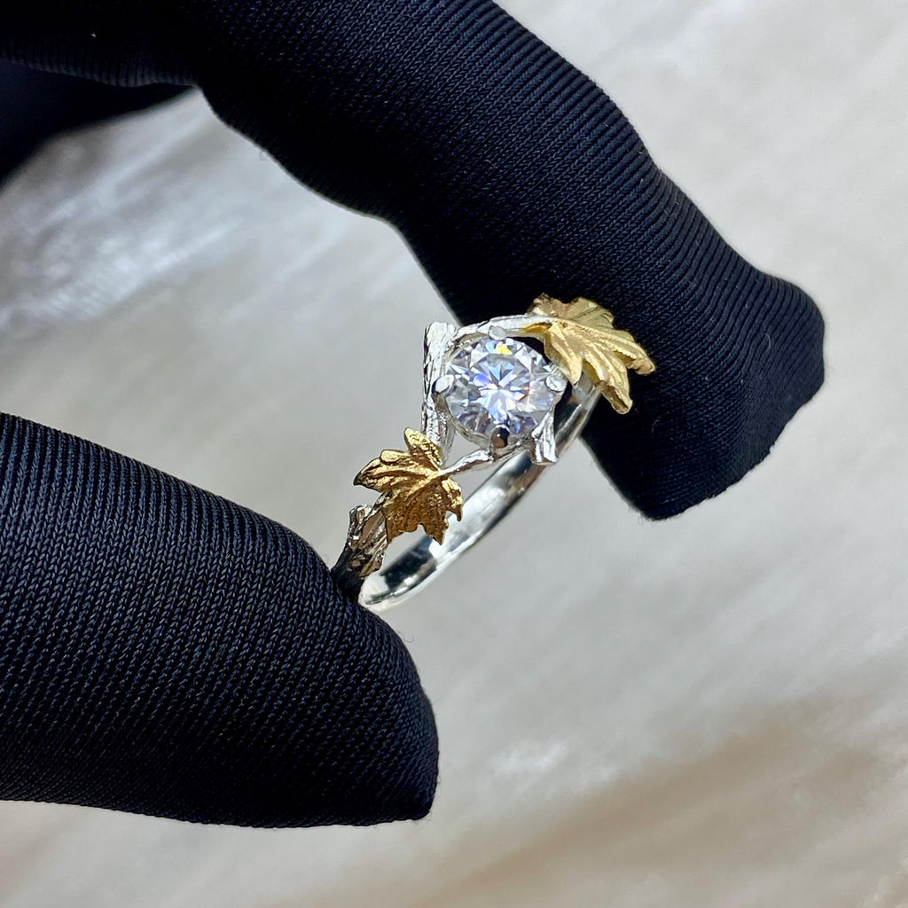 Moissanite Sterling Silver Maple Leaf Band