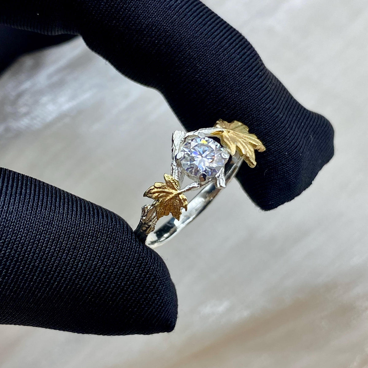 Moissanite Sterling Silver Maple Leaf Band