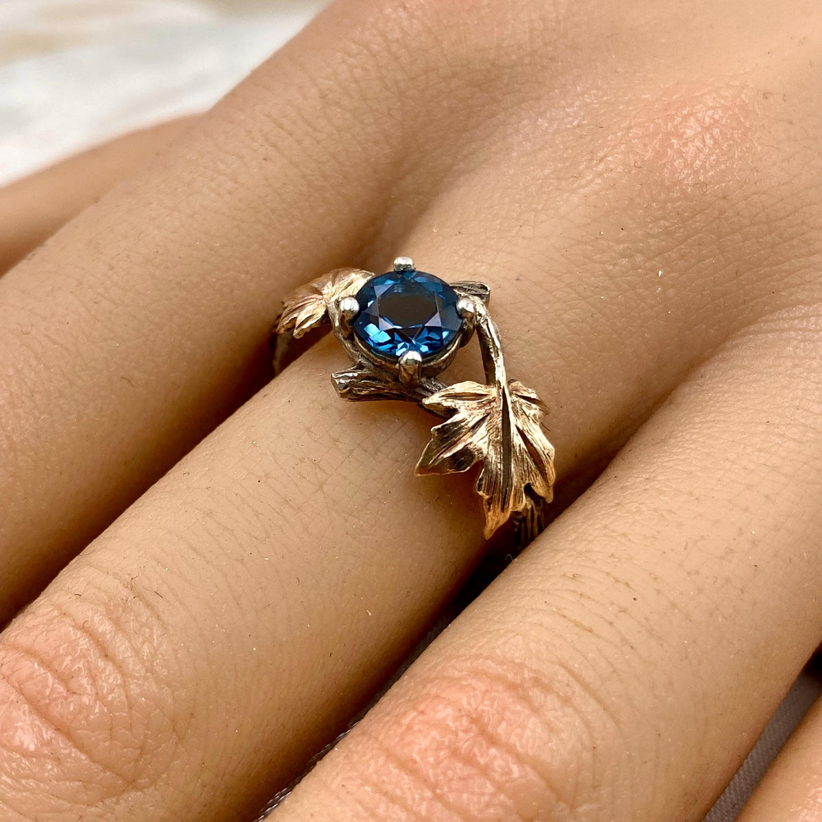 London Blue Topaz Sterling Silver Maple Leaf Ring