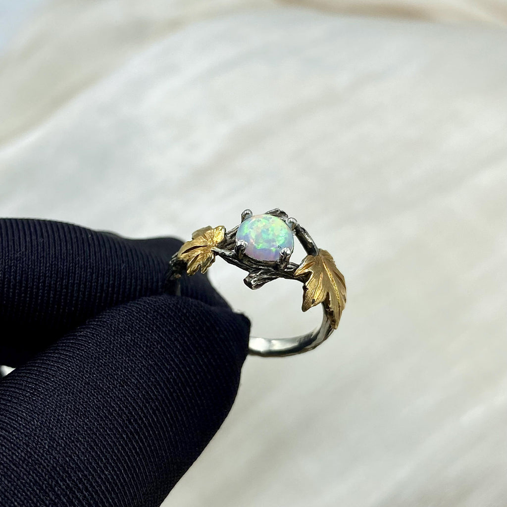 Opal Sterling Silver Maple Leaf Ring