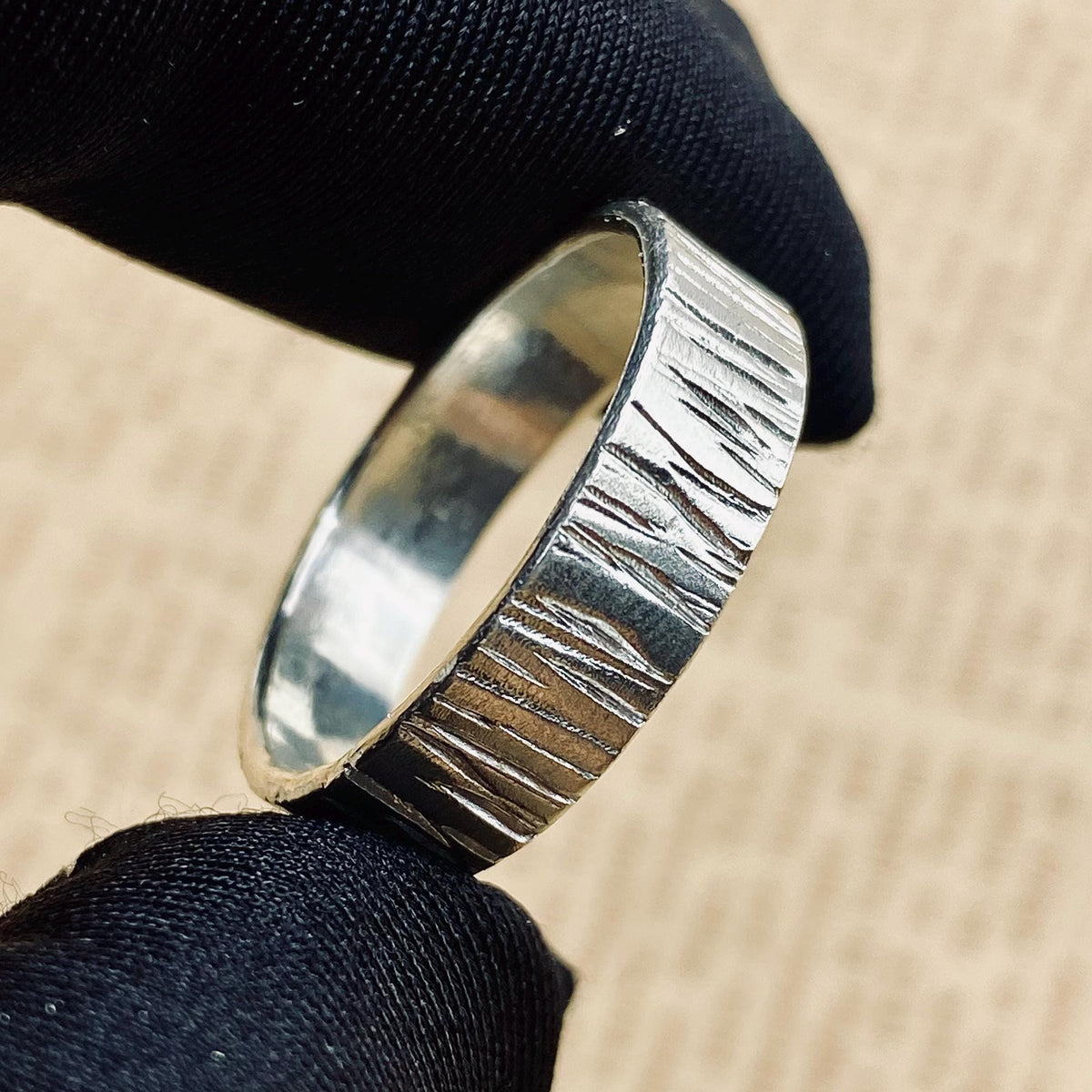 Fine Silver Tree Bark Ring Set