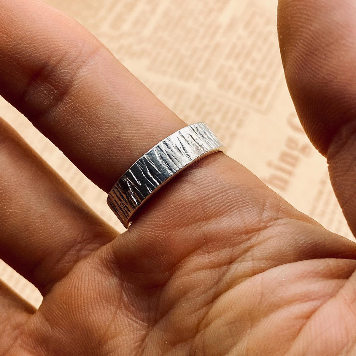 Fine Silver Tree Bark Ring Set