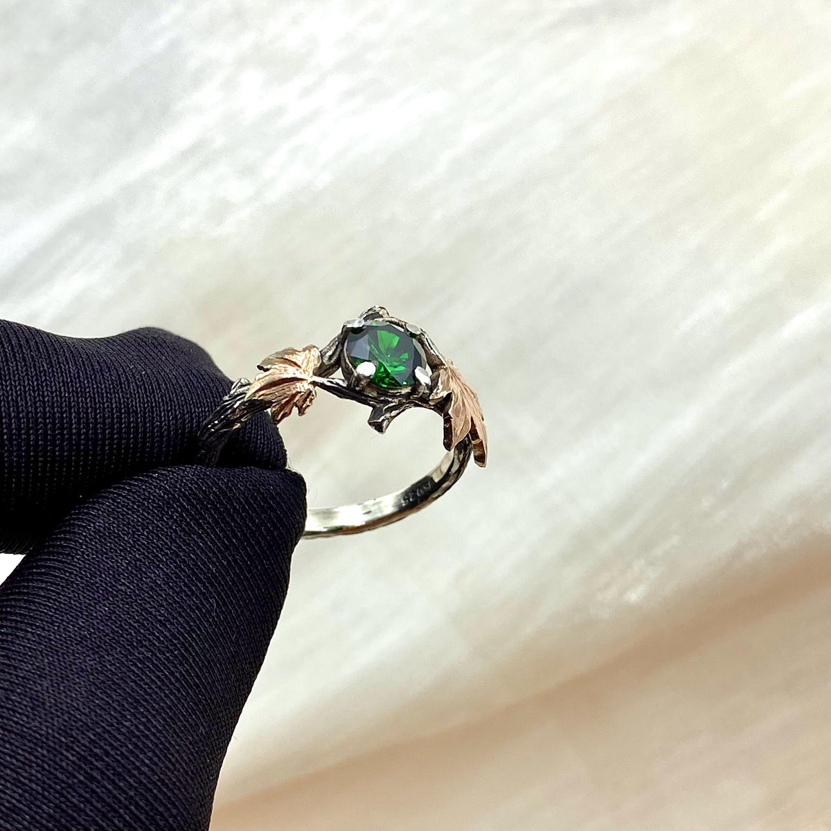 Emerald Sterling Silver Maple Leaf Ring