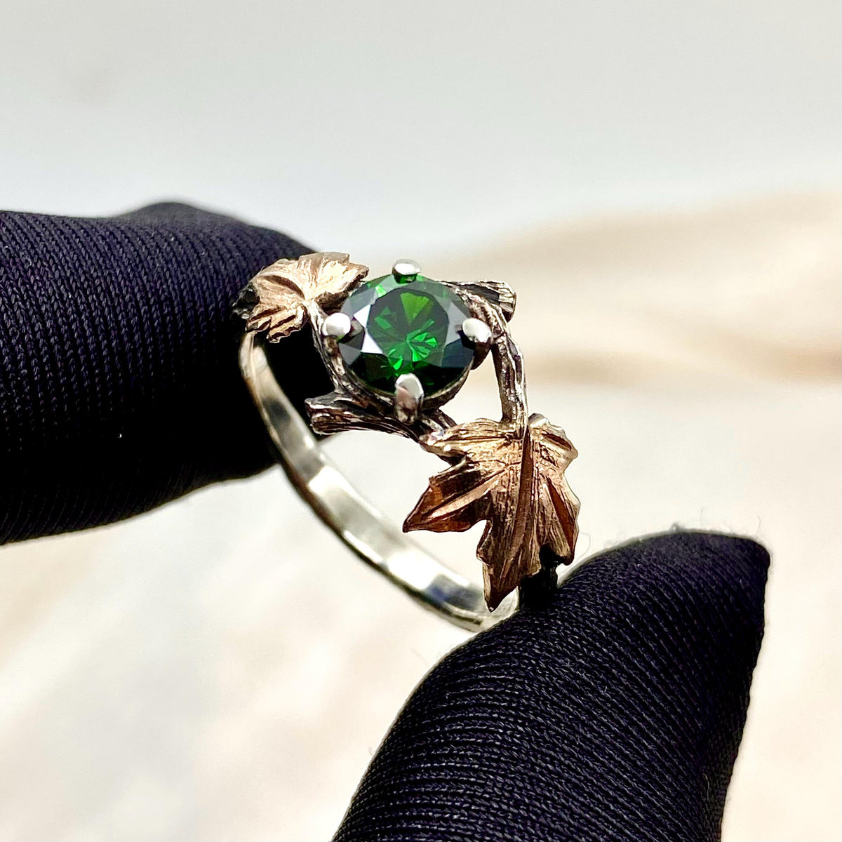 Emerald Sterling Silver Maple Leaf Ring