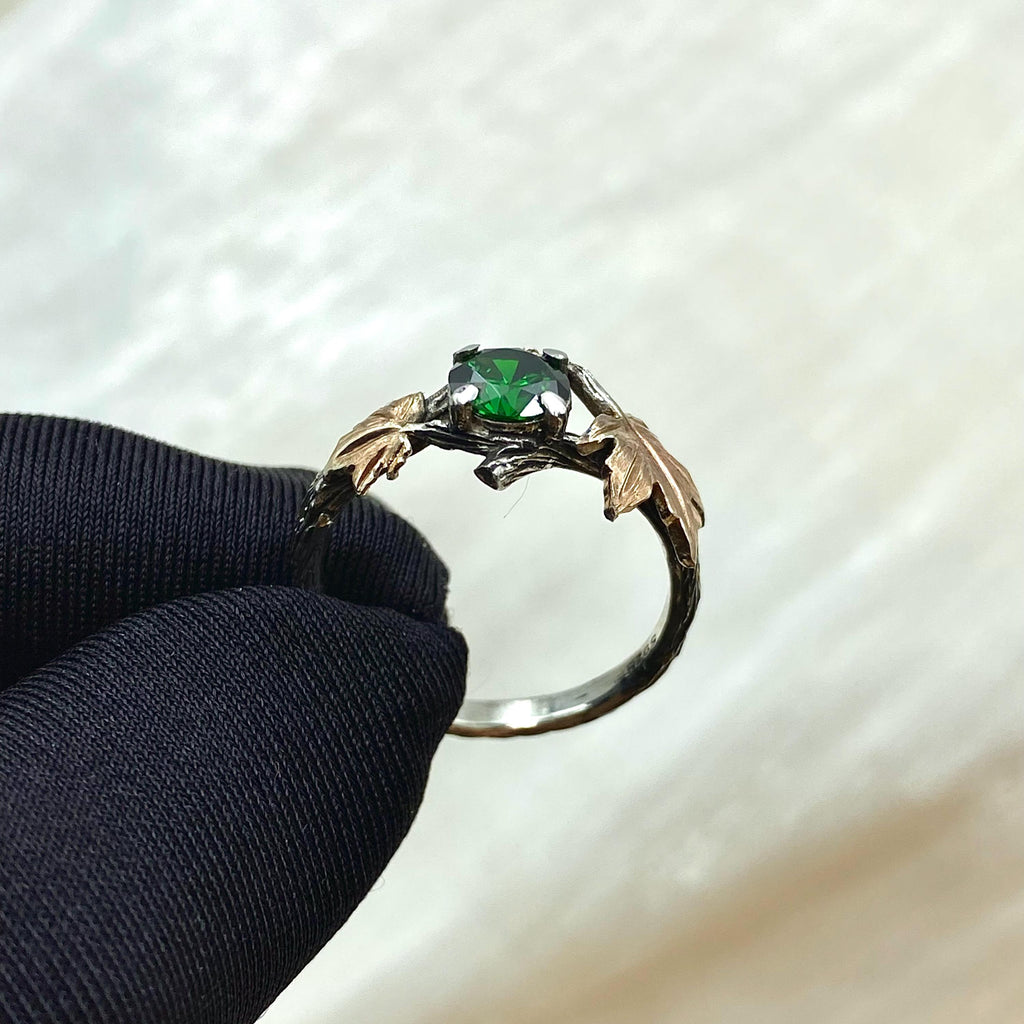 Emerald Sterling Silver Maple Leaf Ring