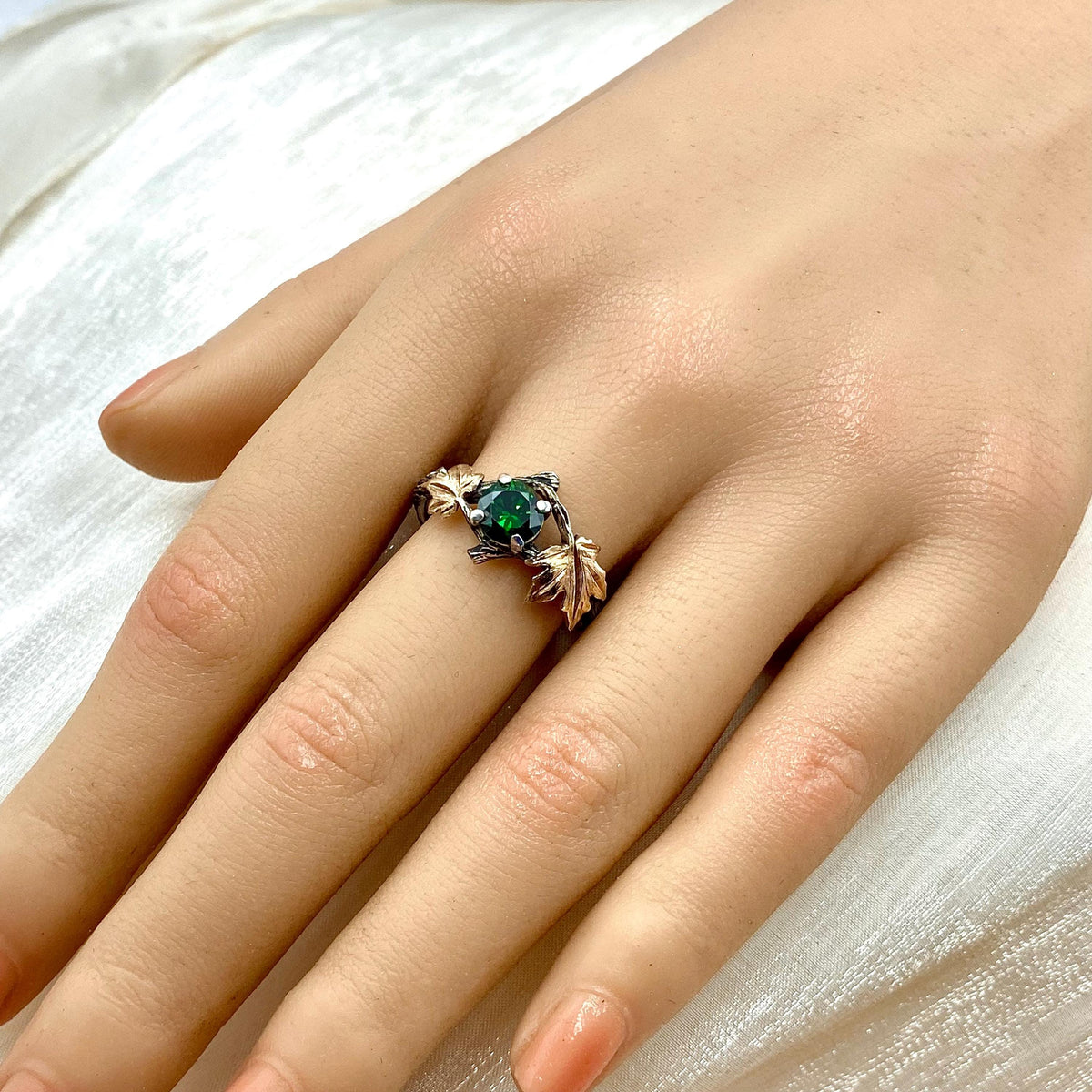 Emerald Sterling Silver Maple Leaf Ring