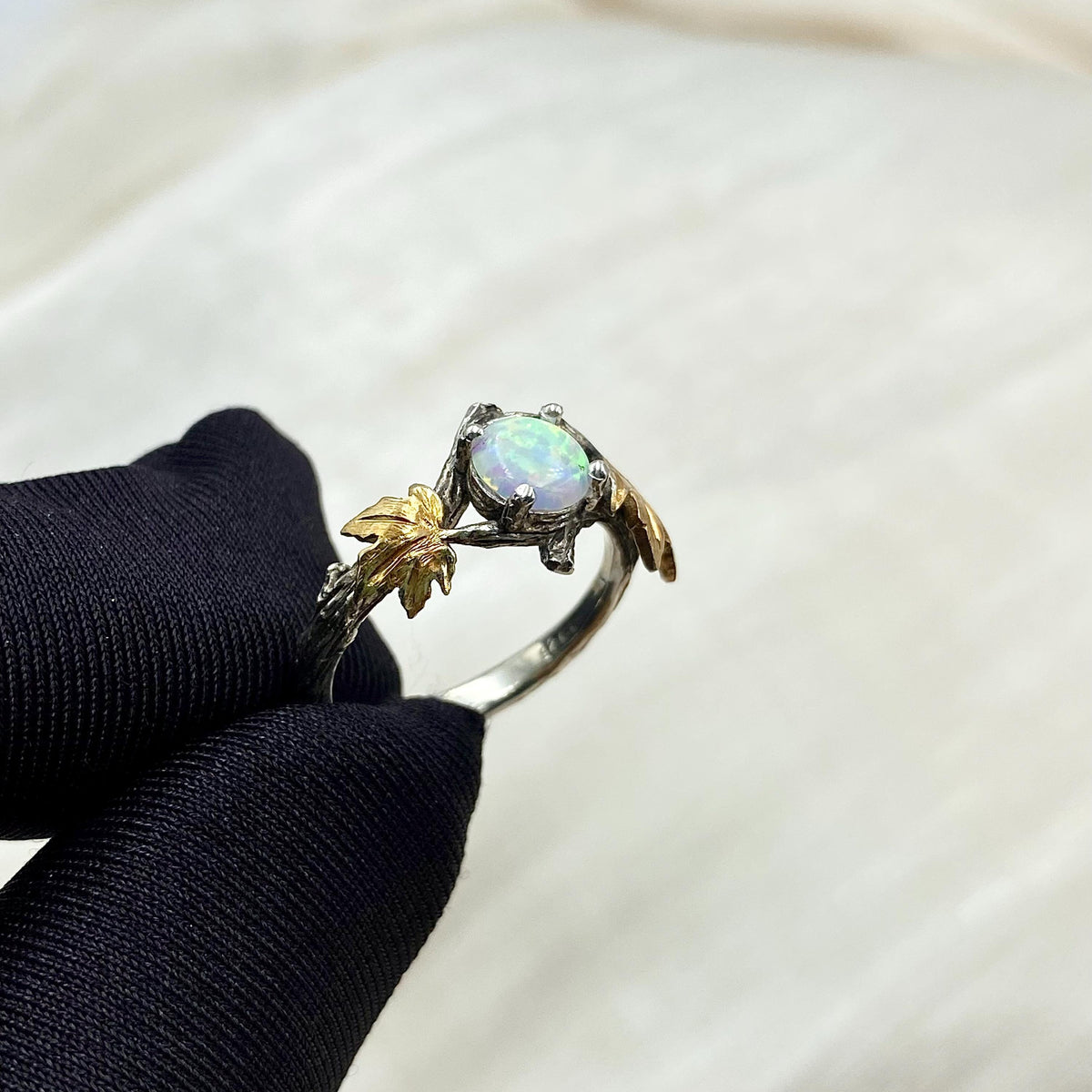 Opal Sterling Silver Maple Leaf Ring