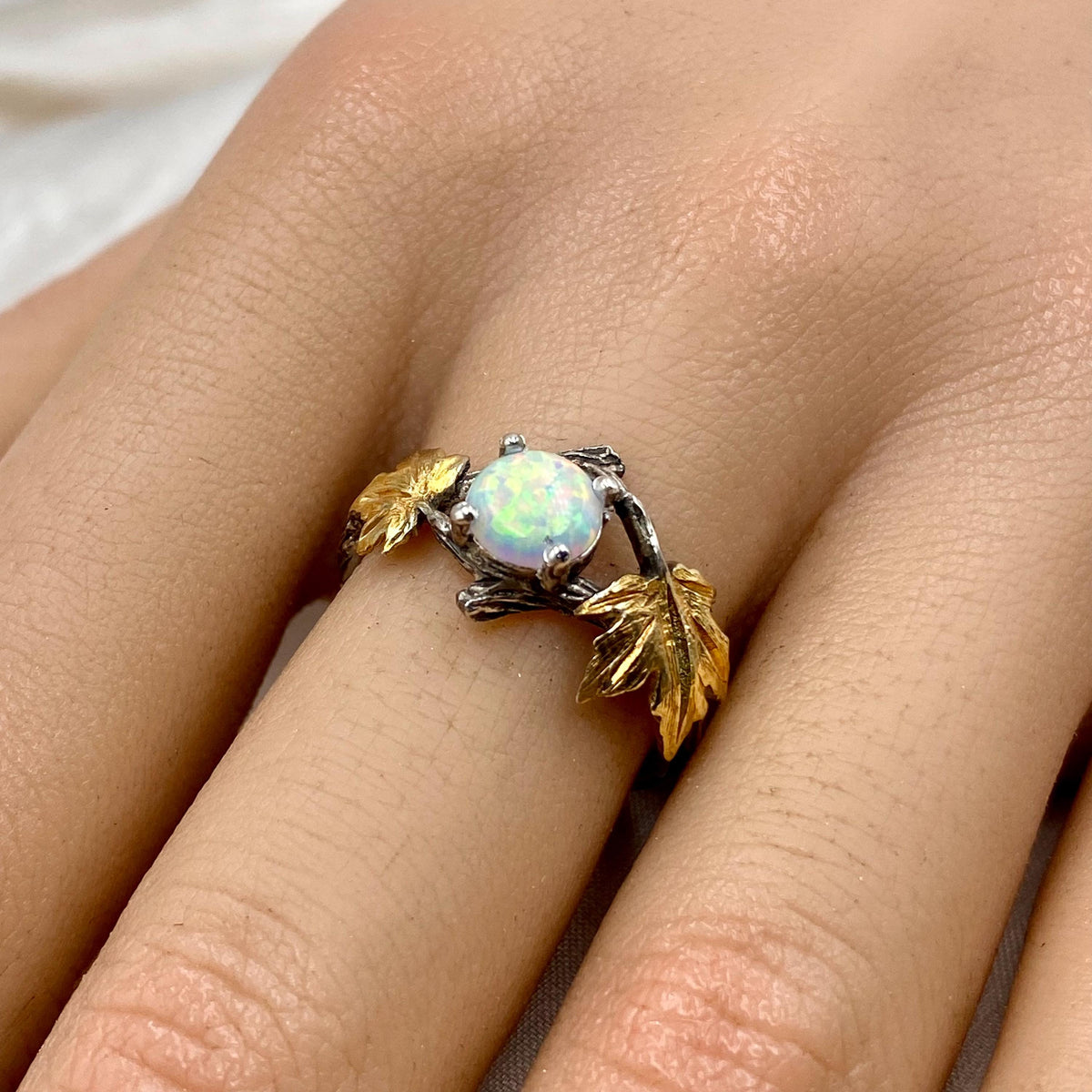 Opal Sterling Silver Maple Leaf Ring