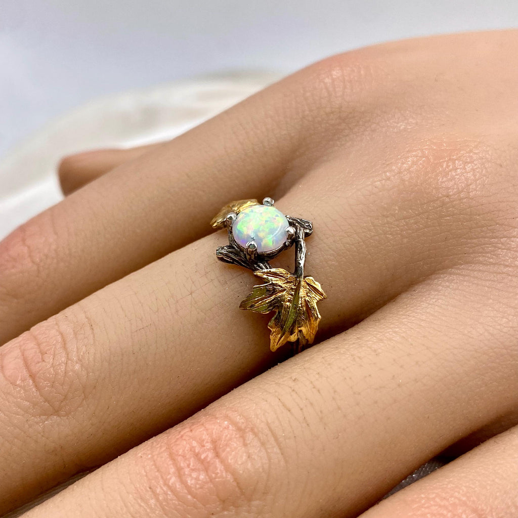Opal Sterling Silver Maple Leaf Ring