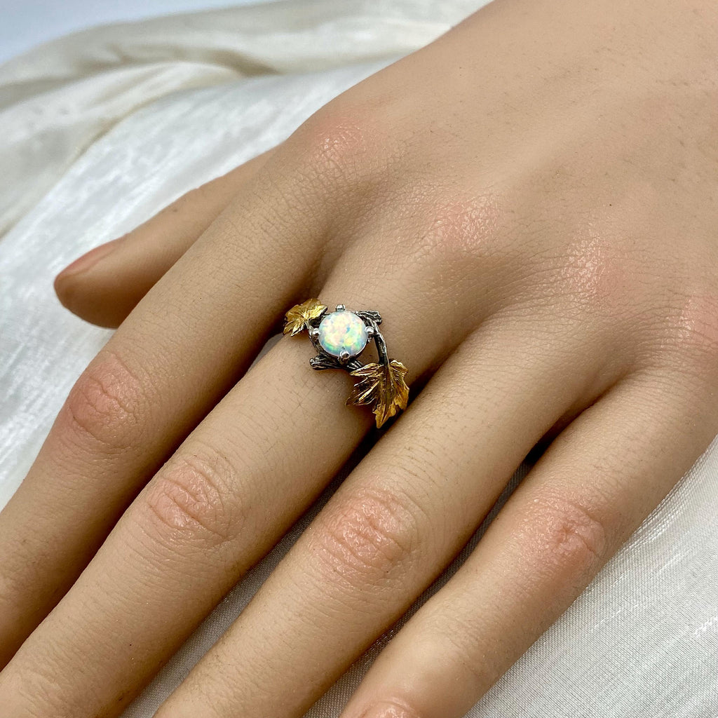 Opal Sterling Silver Maple Leaf Ring