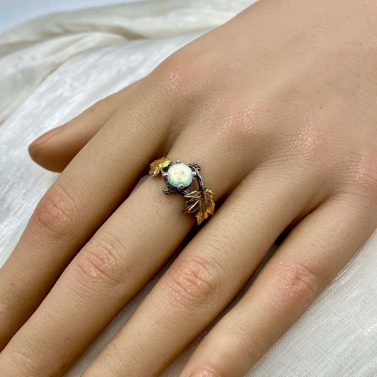 Opal Sterling Silver Maple Leaf Ring