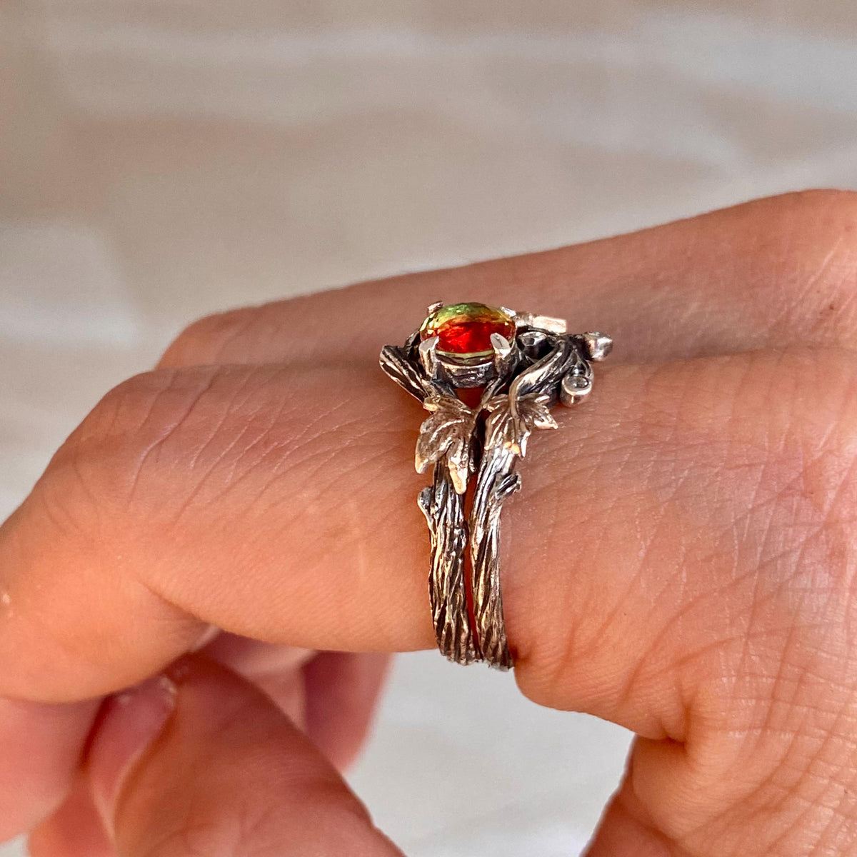 Watermelon Tourmaline Sterling Silver Maple Leaf Ring