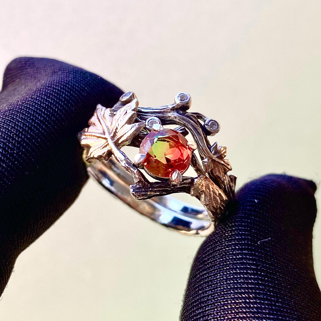 Watermelon Tourmaline Sterling Silver Maple Leaf Ring