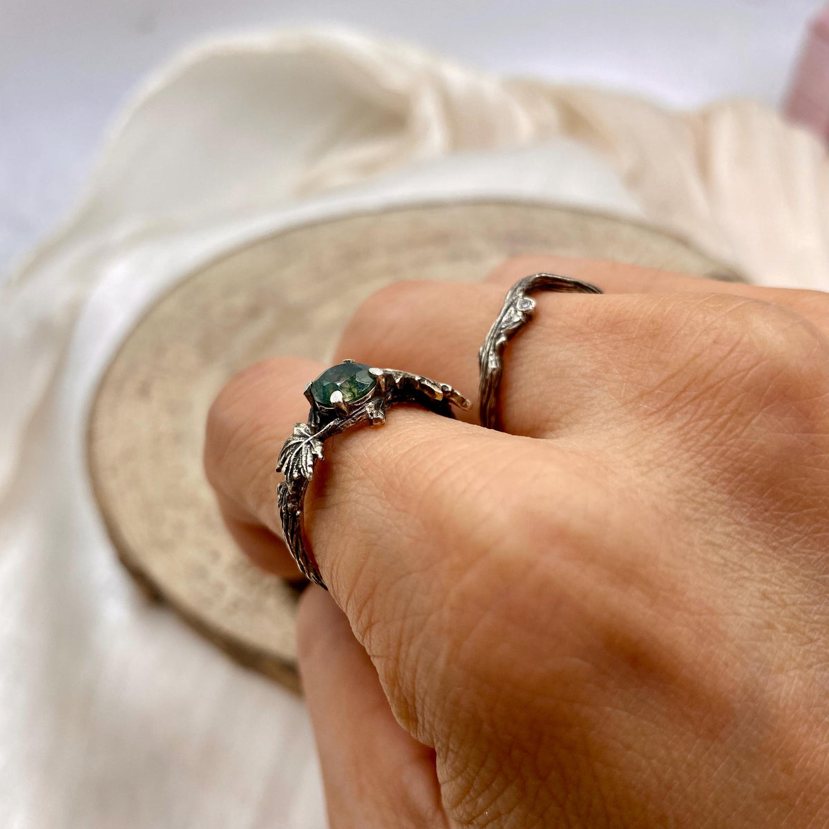Moss Agate Sterling Silver Maple Leaf Ring